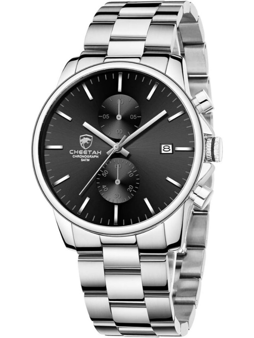 Men's Silver Black Classic Stainless Steel Waterproof Chronograph Quartz Watch